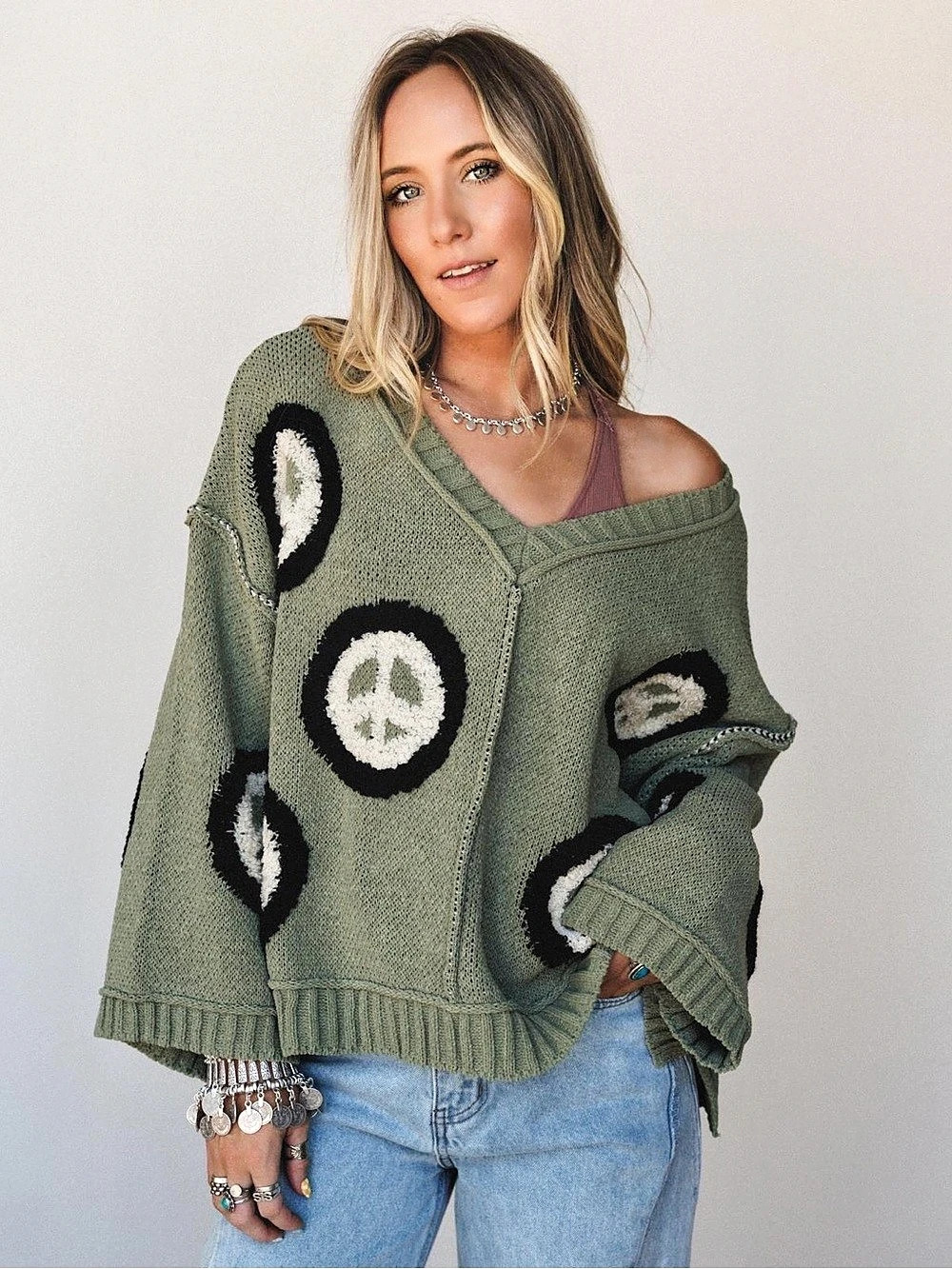 POL Peace Of Mind V-Neck Pullover Sweater Green & Black Large